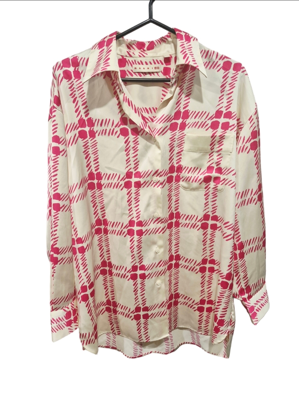 MARNI x UNIQLO Pink Beige Plaid Satin Oversized Button-Down Blouse - Picture 1 of 6